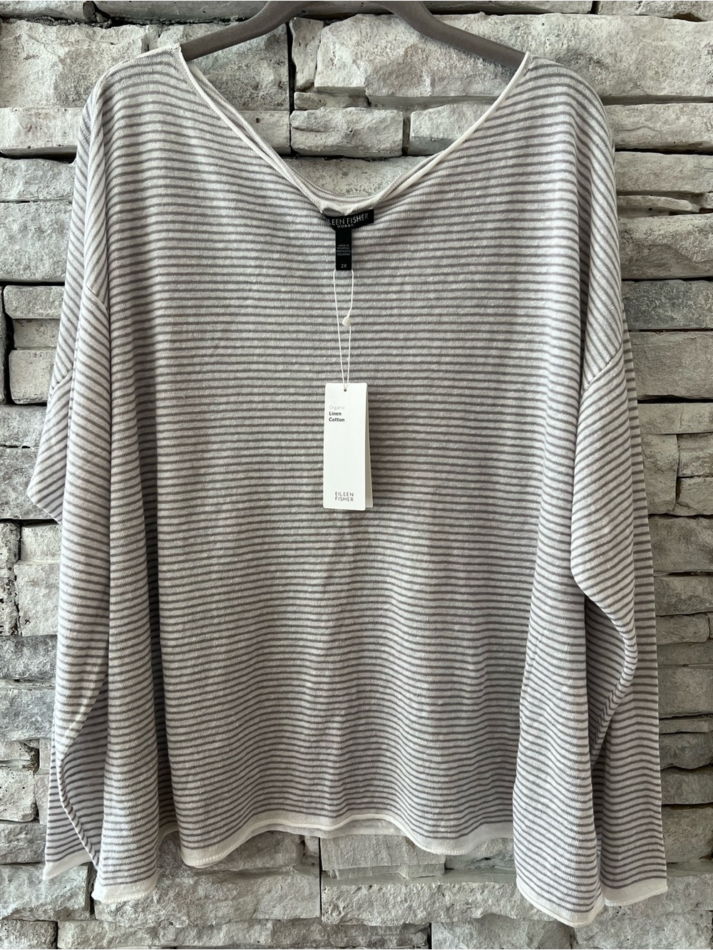 Eileen Fisher Organic Linen Cotton Striped Bateau Neck Box Top Striped Linen